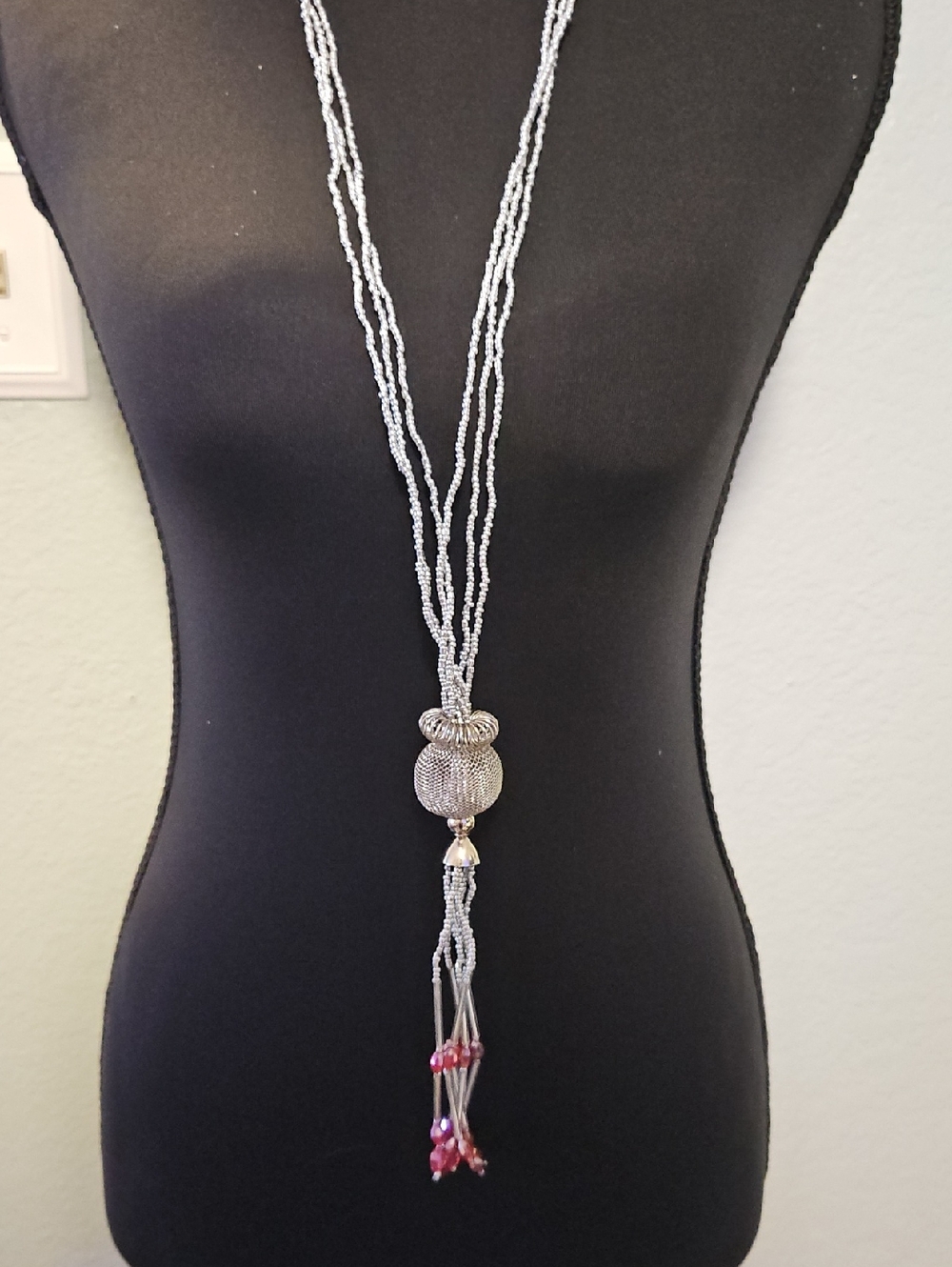 Silver Multi-Strand Beaded Pendant Necklace with Pink Accents